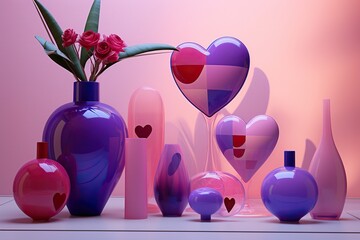 A glossy display of heart-shaped objects and vases on a pink background in a contemporary style.