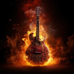 Professional Close-up Photo of a Guitar in Flames Emanating Smoke in a Simple Black Room.