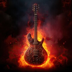 Professional Close-up Photo of a Guitar in Flames Emanating Smoke in a Simple Black Room.