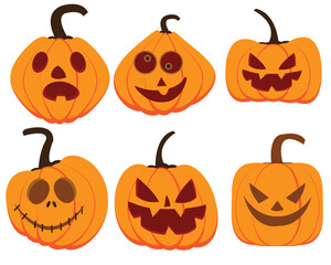 Halloween pumpkin icon. Vector. Halloween scary pumpkin with smile, happy and sad face. Autumn symbol. Orange squash silhouette isolated on white background. Flat design. Cartoon colorful illustration