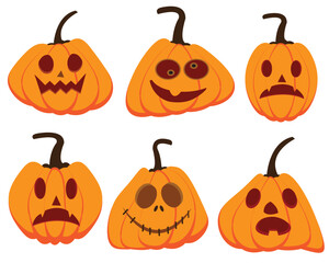 Halloween pumpkin icon. Vector. Halloween scary pumpkin with smile, happy and sad face. Autumn symbol. Orange squash silhouette isolated on white background. Flat design. Cartoon colorful illustration