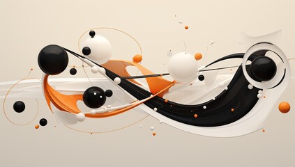 An abstract design with black, white, and orange elements, spherical and dynamic shapes on a light background.