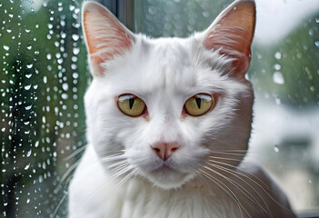 Extreme close-up of a portrait of a white cat looking out a rainy window 