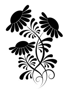Decorative composition with a silhouette of daisies, curls, drops on a white background. Black pattern, ornament of flowers. 
