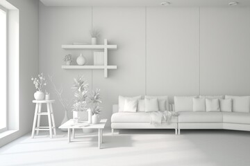 Grey living room concept with sofa. 3D illustration
