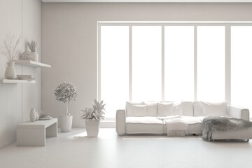 White living room concept with sofa. 3D illustration