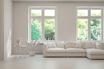 Grey living room concept with sofa and summer landscape in window. Scandinavian interior design. 3D illustration