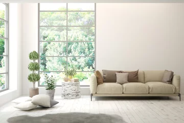 Tragetasche White living room with sofa and summer landscape in window. Scandinavian interior design. 3D illustration © AntonSh