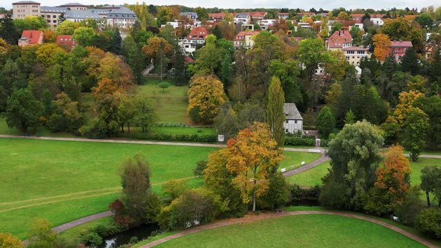 Great aerial top view flight drone. Weimar garden house goethe park german fall