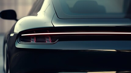 Professional Photo of a Black Futuristic Car Parked in a Dark Parking Lot. Close up of the back of...