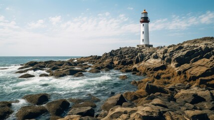 Fototapeta na wymiar View of a lighthouse on a rocky beach