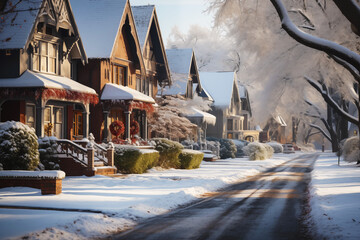 cute residential houses in snowy winter neighborhood. christmas holiday season