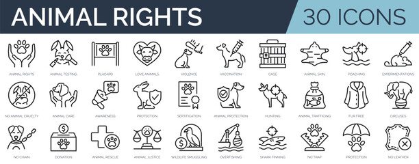 Set of 30 outline icons related to animal rights. Linear icon collection. Editable stroke. Vector illustration - obrazy, fototapety, plakaty