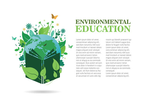 Environmental education, book with globe surrounded by plants and animals symbolizing that we must learn to take care of our environment.