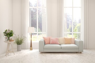 Bright interior design with modern furniture and summer landscape in window. 3D illustration - obrazy, fototapety, plakaty