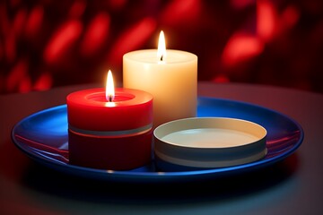 Burning candles on a blue plate and red bokeh background