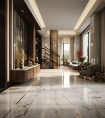 A Photo of a Luxurious Cleand and Breathtaking Apartment Overlooking the Far City in Late Evening. Modern Interior Design.