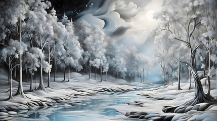 An icy river meanders through the snow-clad forest beneath the silvery moonlight.