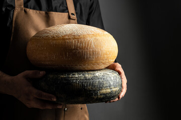 craftsmanship hands have a typical Italian cheese. French tomme cheese in the hands of a...