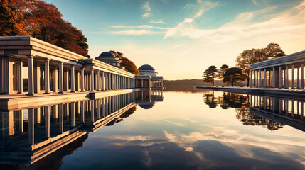 Tranquil reflections of classical pavilions on still waters, symbolizing architectural peace - obrazy, fototapety, plakaty