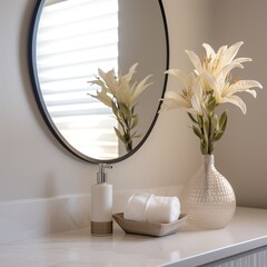 Professional Photo of a White Themed Bathroom Shelf With a Big Wound Mirror on top.