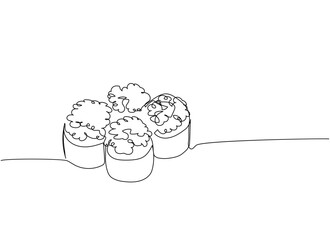 Sushi roll, Gunkan with red caviar, gunkan maki one line art. Continuous line drawing of sushi, japanese, food, roll, culture, tasty, restaurant, japan, asian, sea, menu