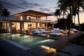 Professional Photo of a Luxurius and Modern Villa with a Huge Pool having a Landscape of the Territory. Picture of a Contemporary House during Sunset. Expensive House.