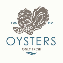 label of fresh oyster shell and lemon isolated on light background