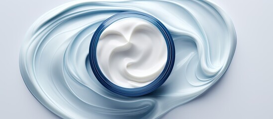 The white background beautifully isolates the blue texture of the face mask enhancing its cosmetic benefits for skin care and hair beauty in this medicine infused cream - obrazy, fototapety, plakaty