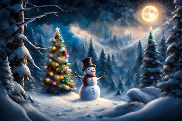 Obraz premium Christmas landscape, winter painting with a snowman in the forest.