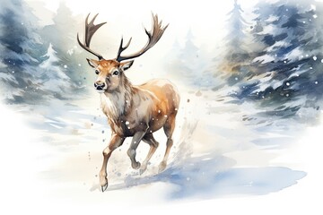 A watercolour painting of a reindeer running through the snow. Christmas themed landscape - obrazy, fototapety, plakaty