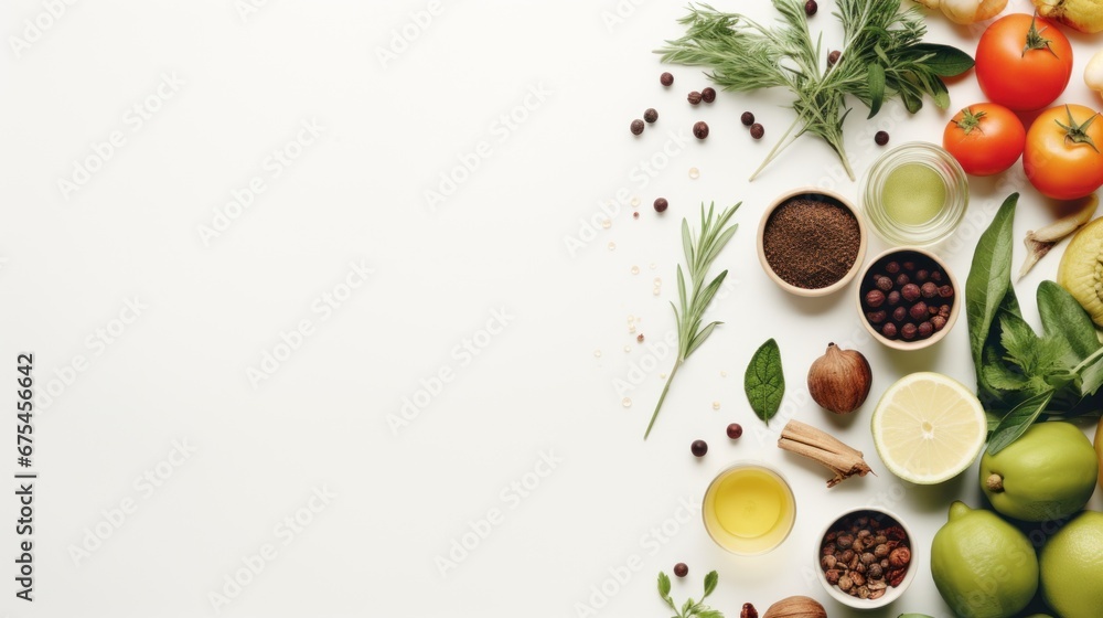 Sticker Fresh fruits and vegetables arranged on a white background, AI