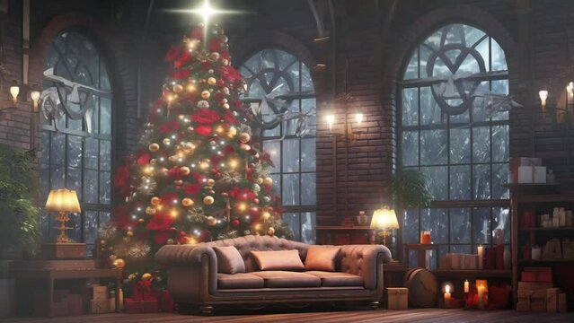 Christmas, Living room with Christmas and New Year decorated red brick wall background classic interior. cartoon or anime watercolor illustration style looping video background
