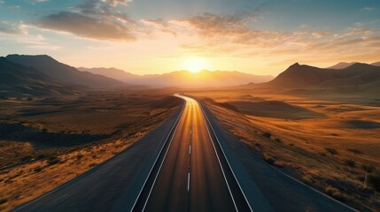 Scenic curved highway asphalt road with golden sky and mountain in the sunset - obrazy, fototapety, plakaty