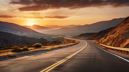 Scenic curved highway asphalt road with golden sky and mountain in the sunset