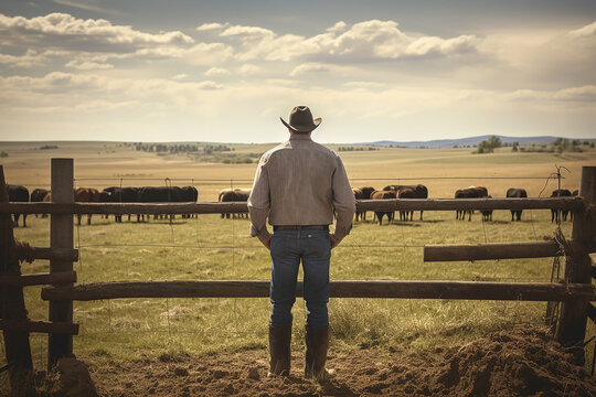 The back view of a big man in cowboy wide brimmed hat and boots stand near a wooden fence while looking at the cow herd in the field. Generative AI.