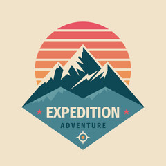 Mountain logo badge graphic design. Hiking climbing concept emblem. Expedition adventure outdoor logo sign. Vector illustration. Flat graphic style. - 675457231