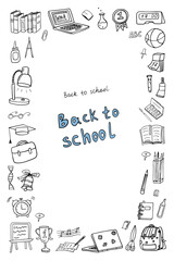 Rectangular frame clipart of International Day of Education with lettering. School icons Back to school. Great for banner, posters, cards, professional design, website, advertising. Hand drawn