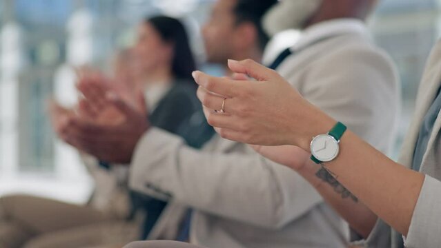 Hands, goals and applause with a business team in the office for a coaching seminar or workshop closeup. Training, conference and corporate people clapping while in an audience or crowd together