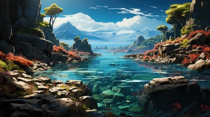 Immerse yourself in a mesmerizing art style of a fantasy landscape. Watch as an animated forest comes to life around a peaceful creek, with majestic mountains and a vibrant sky as the backdrop.