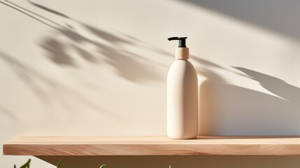 shampoo bottle item photography, standing on a white cylinder, podium stage, light beige background, beautiful lighting and shadow from the window, a flat front shot, wood, minimalist style - obrazy, fototapety, plakaty