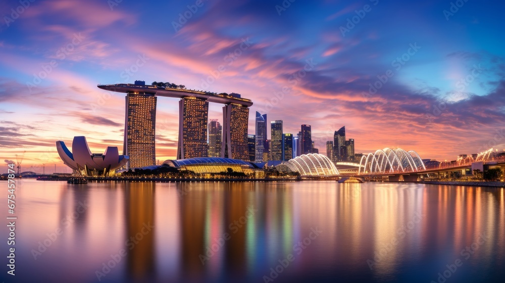 Wall mural sunset of city skyline at business district, marina bay sands hotel at night, singapore