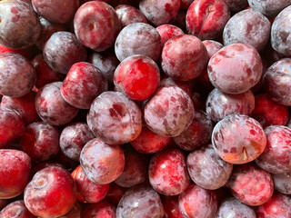 Fresh ripe plums placed in market. Organic red plums fruit in pile at local farmers market. Plum background. Ripe delicious juicy plums on the counter of a street market. Healthy eating.