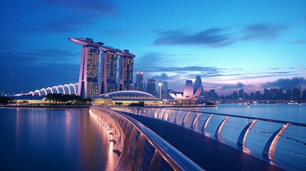 Sunset of city skyline at business district, marina bay sands hotel at night, singapore - obrazy, fototapety, plakaty