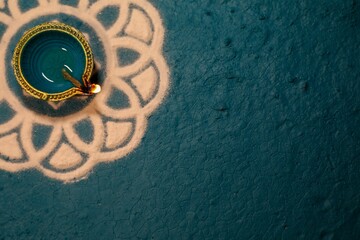 Top view of a traditional oil diya lamp burning brightly against a blue background