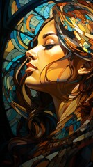 Illustration in stained glass style with portrait of a beautiful woman. Fashion design or Digital wall art concept.