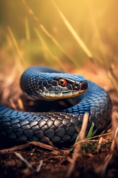 Close-up of a black and white snake in the grass.