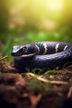 Close-up of a black and white snake in the grass.