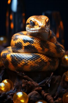 Close-up of a black and ​yellow snake in the grass.