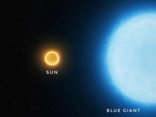 Sun and blue giant in the space. Сomparing the sizes of stars. A yellow dwarf next to a blue giant.